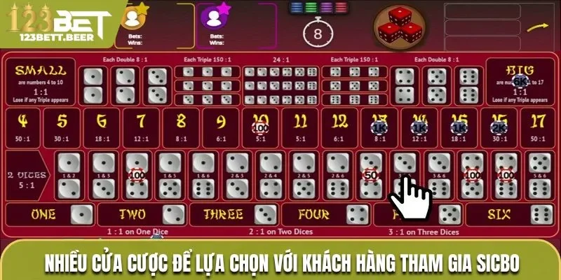 Nhiều cửa cược để lựa chọn đối với khách hàng tham gia Sicbo online